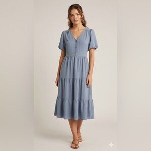 Monteau Light Blue Midi Tiered Short Puff Sleeve Button Up Dress Medium